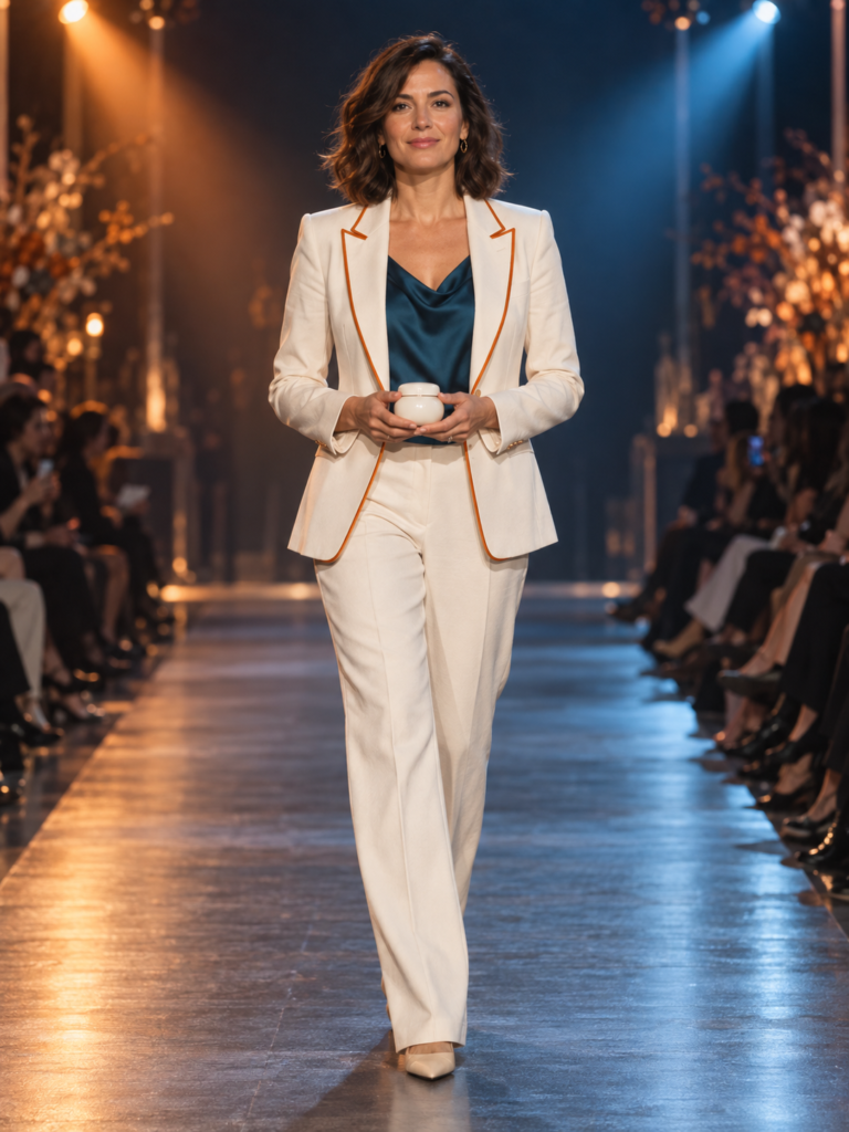 Personnage en tailleur crème présentant un objet en céramique sur un podium de défilé